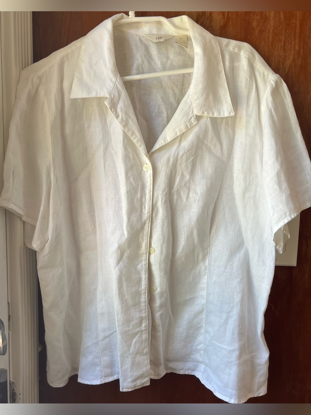 J.Jill White 100% Linen Short Sleeve Button Down Shirt XL Relaxed Coastal Blouse